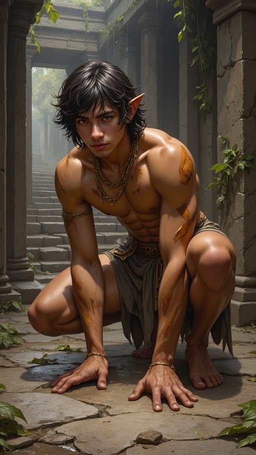 A muscular dark-skinned elf with pointed ears crouching on stone steps in ruins, wearing gold jewelry and golden body paint.