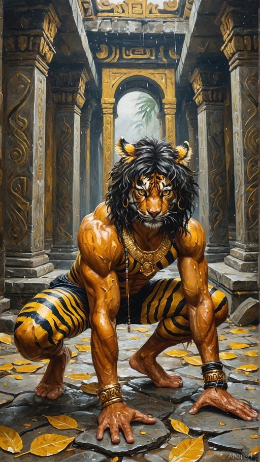 Full-body illustration of a muscular anthropomorphic tiger boy with long black hair crouching on wet stone tiles in ancient ruins while wearing ornate gold jewelry.