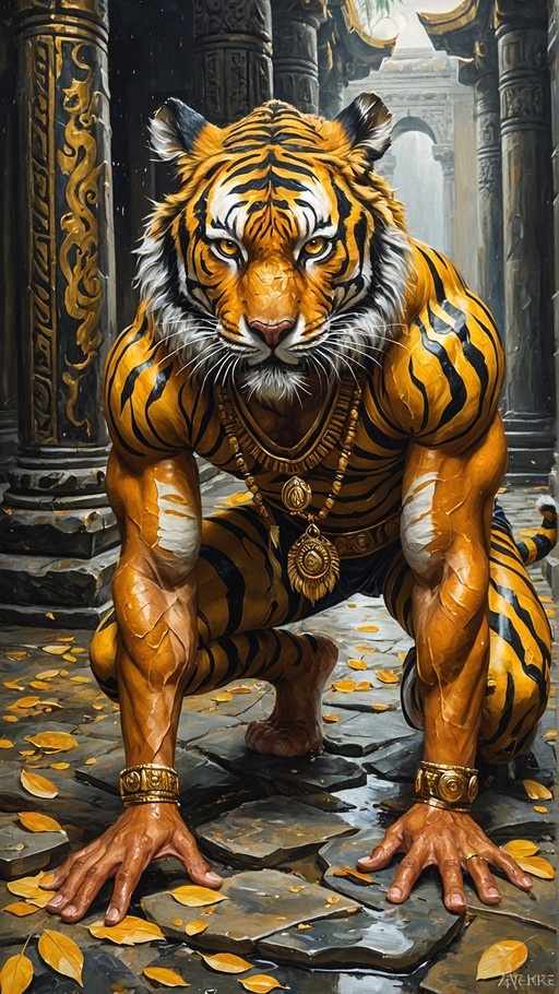 A muscular anthropomorphic tiger male crouching on a stone floor scattered with leaves, wearing ornate gold jewelry and looking directly forward.