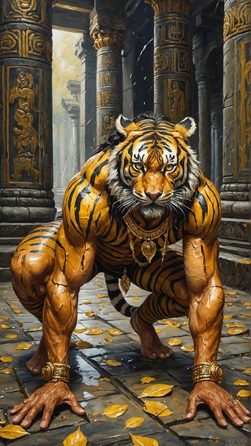 Muscular anthropomorphic tiger with orange fur and black stripes crouching on a stone floor, wearing gold necklaces and bracelets in an ancient temple.