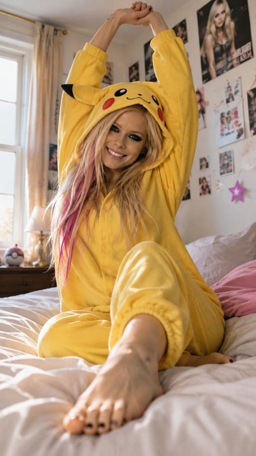 Avril Lavigne stretching in a yellow Pikachu onesie on a bed