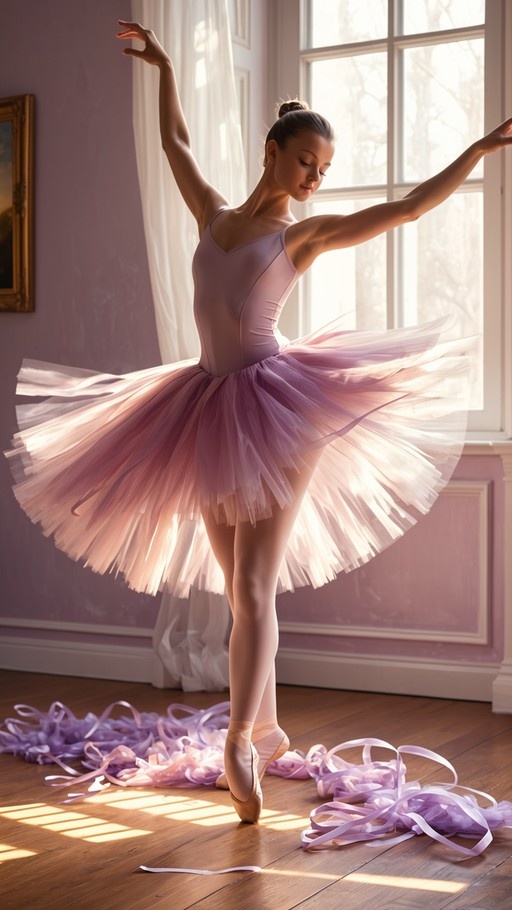 A ballerina in a pink tutu stands en pointe near a sunlit window with arms raised.
