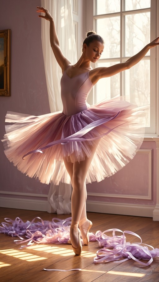 Ballerina in pink tutu standing on pointe by a window with ribbons on the floor.
