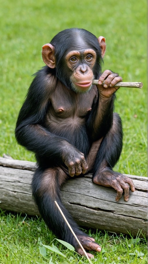 Young chimpanzee sitting on a log in the grass holding a stick.