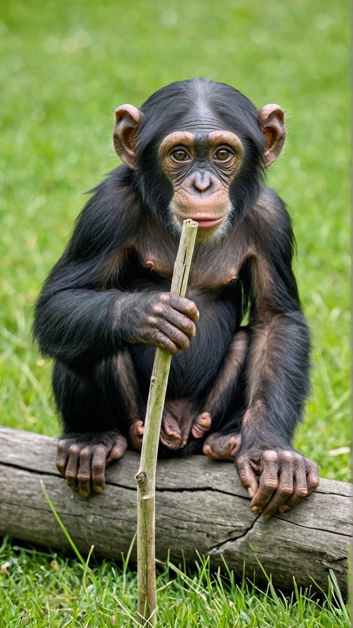 A young chimpanzee sitting on a wooden log in the grass holding a thin stick upright near its mouth and looking at the camera