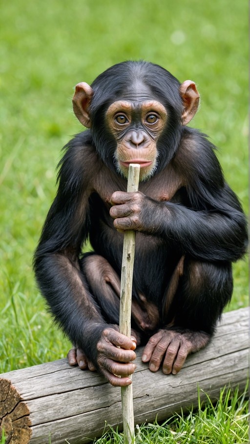 A young chimpanzee sitting on a log holding a wooden stick and looking at the camera