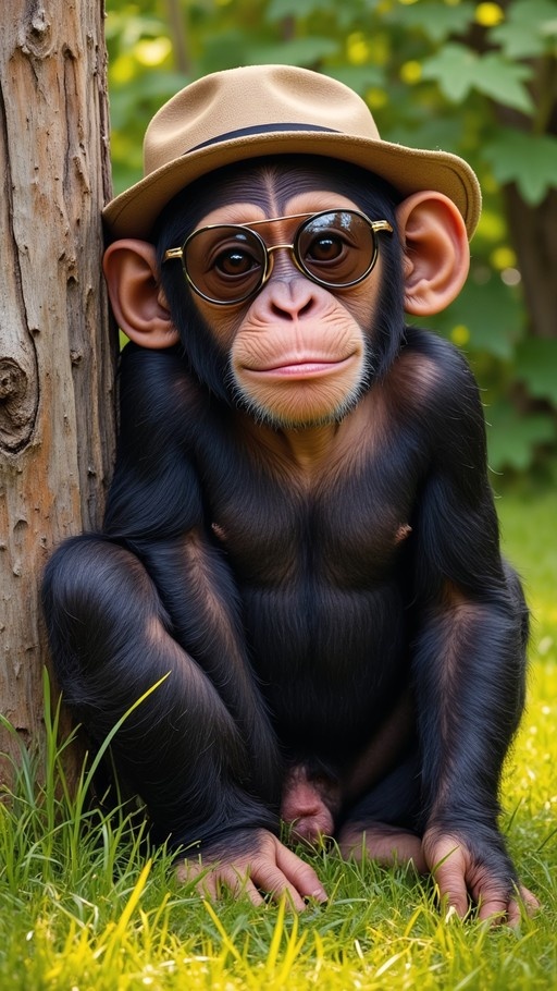 A young chimpanzee sitting on grass next to a tree, wearing a beige hat and round sunglasses.