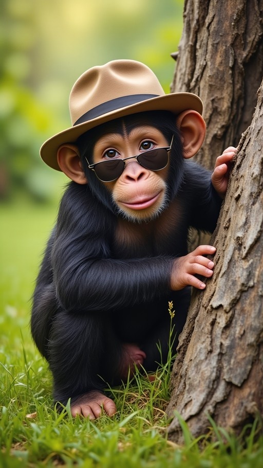 A baby chimpanzee wearing a tan fedora and dark sunglasses peeks from behind a tree trunk in a grassy area.