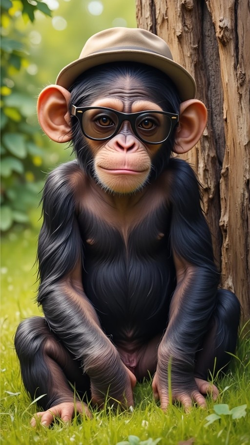 A chimpanzee wearing a beige hat and black glasses sitting in the grass next to a tree.