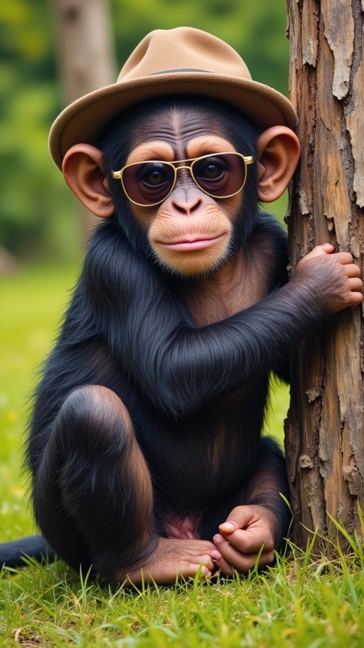 A young chimpanzee wearing a tan fedora and gold-rimmed sunglasses sits on grass leaning against a tree.