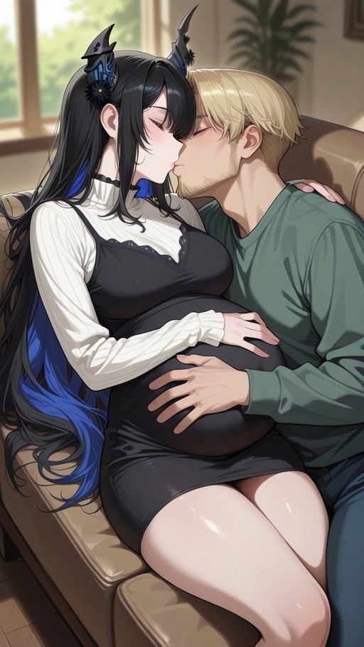 Pregnant Hololive VTuber Nerissa Ravencroft with black hair and blue tips shares a kiss with her blonde husband while sitting on a couch.