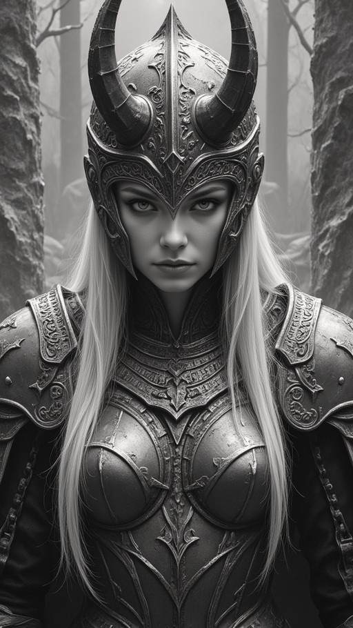 Monochrome portrait of a female warrior wearing an ornate horned helmet and detailed plate armor, standing amidst misty forest trees.