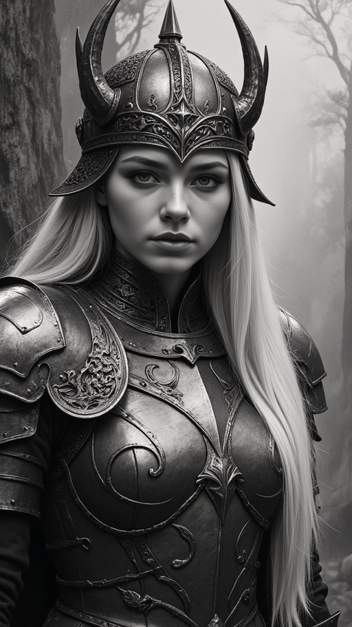A monochrome portrait of a female warrior with long straight hair wearing an elaborate horned helmet and detailed metal plate armor, standing in front of blurred trees.