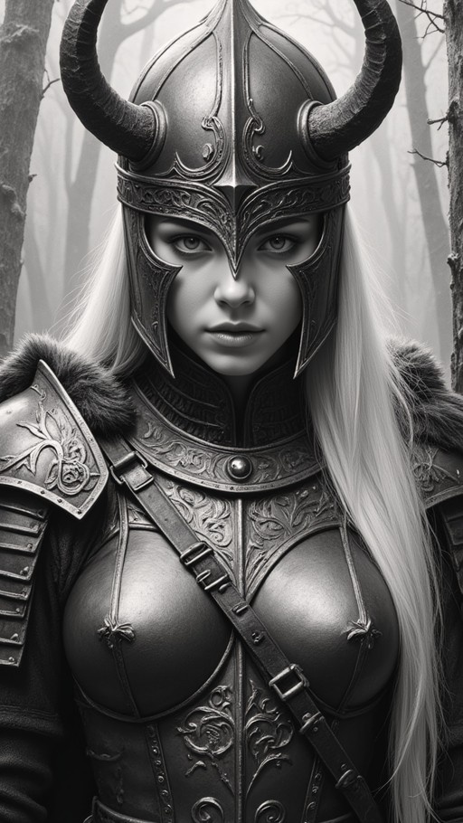 A black and white portrait of a female fantasy warrior wearing an ornate horned helmet and detailed plate armor with fur trim, set against a forest background.