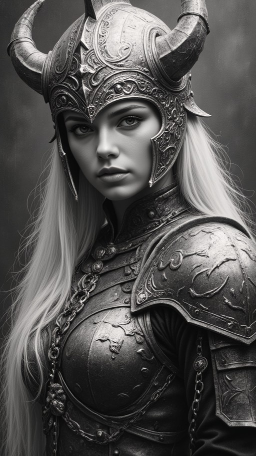 A monochrome close-up of a woman with long light hair wearing an ornate horned helmet and detailed breastplate.