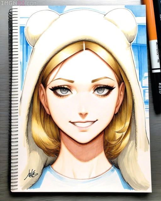 A stylized marker illustration of a smiling blonde girl with grey eyes wearing a white animal hood inside a sketchbook.