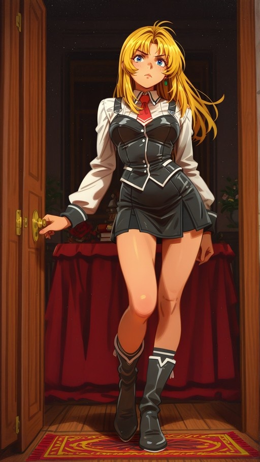 A blonde anime girl with blue eyes wearing a school uniform and tall black boots stands in a doorway holding the doorknob.