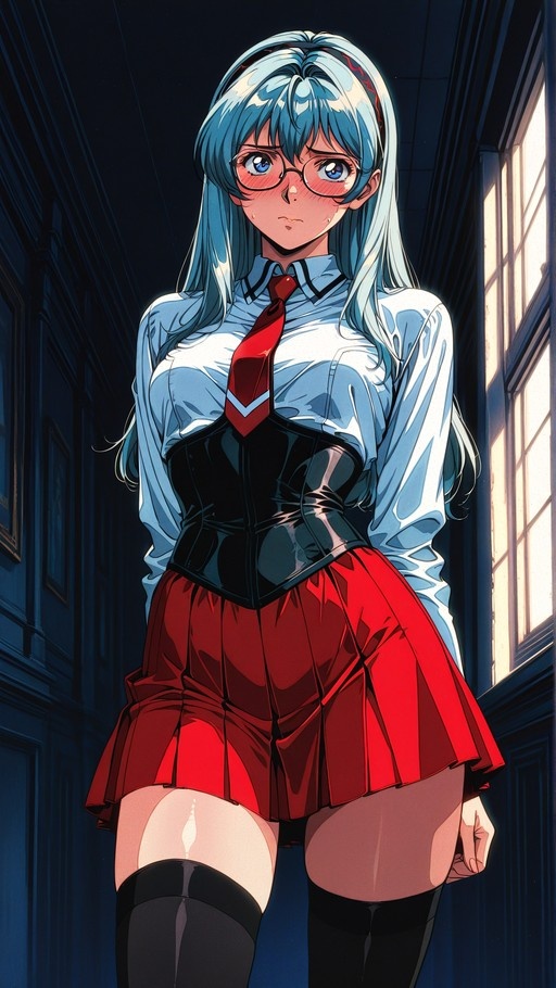 A blue-haired anime girl with glasses and a red necktie stands in a dark hallway, wearing a black corset over her white shirt and a red pleated skirt while blushing at the viewer.