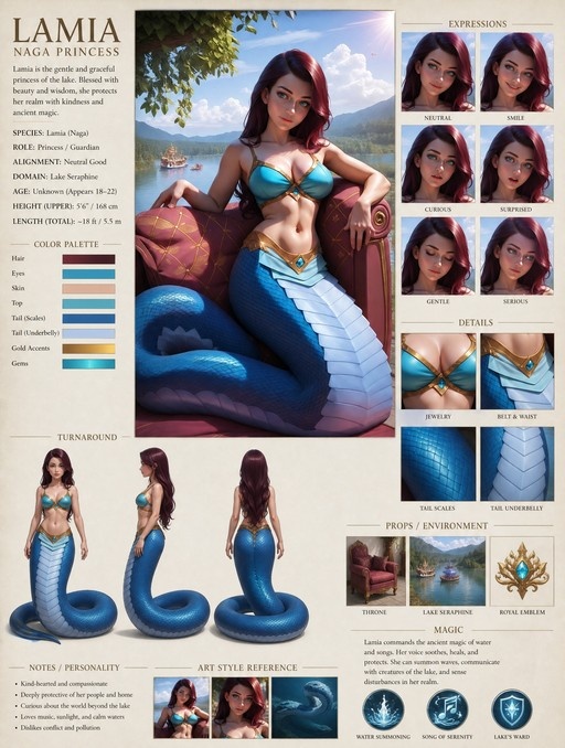 A character reference sheet for Lamia, a Naga Princess with long red hair and a blue scaled tail, showing multiple views and facial expressions.