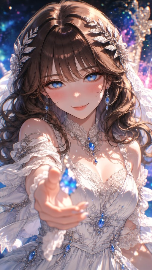 An anime girl with brown hair and blue eyes in a white lace dress reaches out to offer a large blue gemstone.