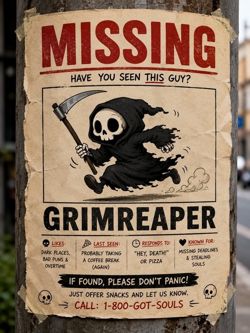 A weathered missing poster taped to a pole shows a cartoon Grim Reaper running with a scythe, listing details like "Likes: Dark places" and a phone number "1-800-GOT-SOULS".