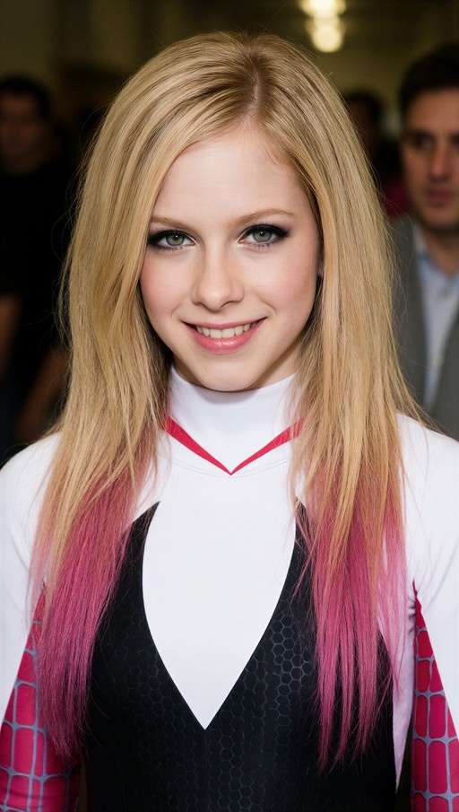 Avril Lavigne cosplaying as Spider-Gwen wearing a white and black bodysuit with red webbing details and blonde hair with pink tips