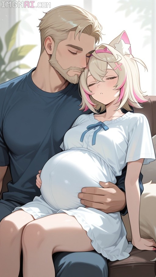 A pregnant blonde woman with pink hair streaks and dog ears sits on a bearded man's lap while he holds her belly; she wears a white dress and rests against him indoors.