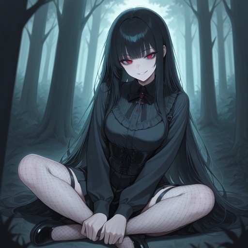 An anime-style illustration of a young woman with long black hair and red eyes sitting cross-legged in a misty forest, wearing a gothic outfit with fishnet stockings.