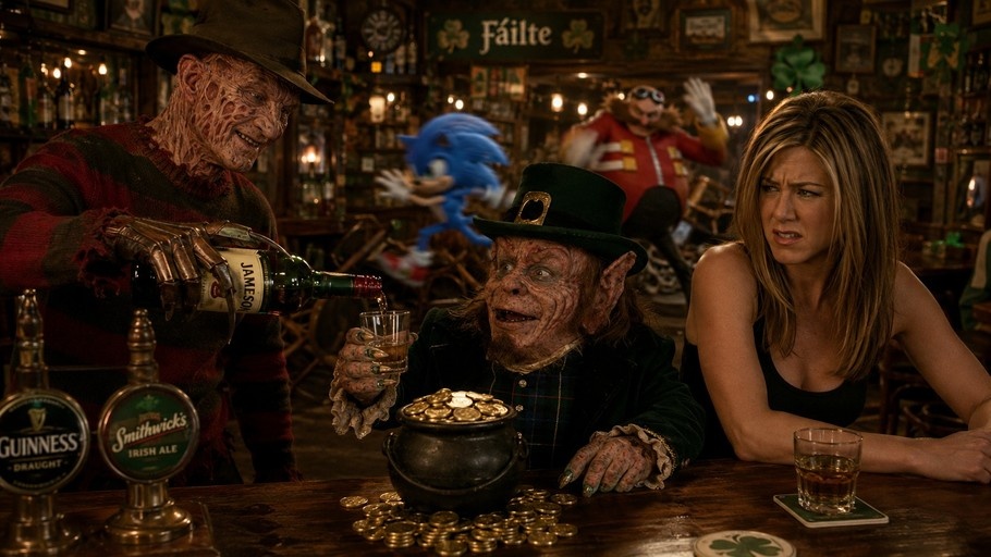 Freddy Krueger pouring whiskey for a leprechaun at an Irish pub with Sonic the Hedgehog and Rachel Green nearby