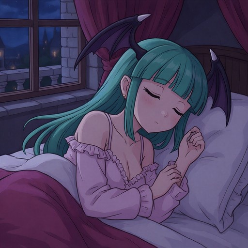 Morrigan Aensland with green hair and bat wings sleeping in a bed at night