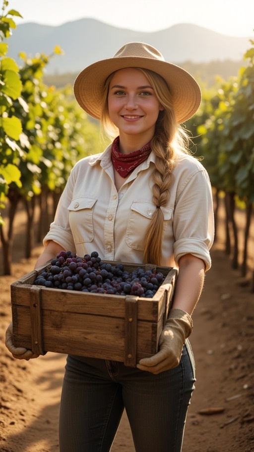 A smiling young woman with long blonde hair in a braid stands in a sunny vineyard holding a wooden crate full of dark purple grapes. She wears a wide-brimmed straw hat, a white button-down shirt, jeans, and work gloves.