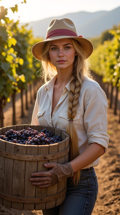 A blonde woman in a straw hat and white shirt holds a wooden barrel full of grapes in a vineyard.