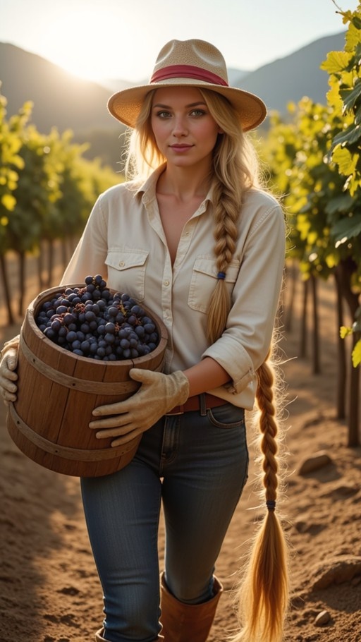 A blonde woman with a long braid wearing a straw hat and work gloves holds a wooden bucket full of dark grapes in a sunlit vineyard.