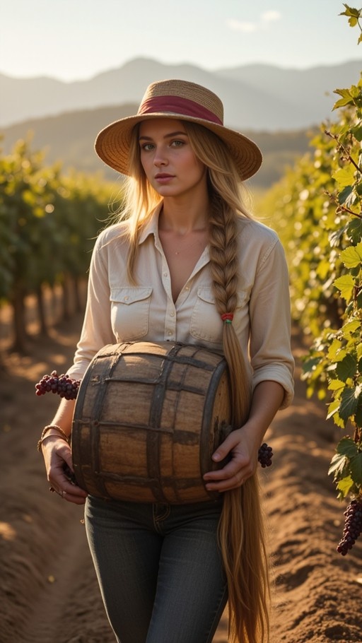 A blonde woman with a long side braid wearing a straw hat and denim shirt stands in a vineyard holding a wooden barrel and red grapes.