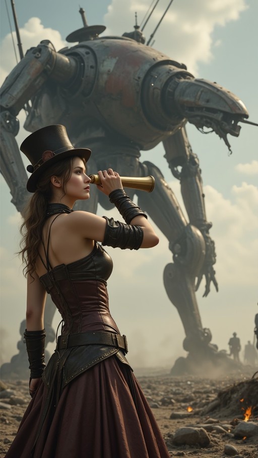A steampunk woman in a top hat and corset looks through a brass telescope with a large damaged robot standing behind her in a rocky landscape.