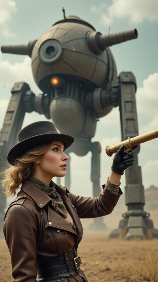 A blonde woman in a brown hat and leather jacket holds a brass spyglass, looking up at a large spherical robot walker in a desert landscape.