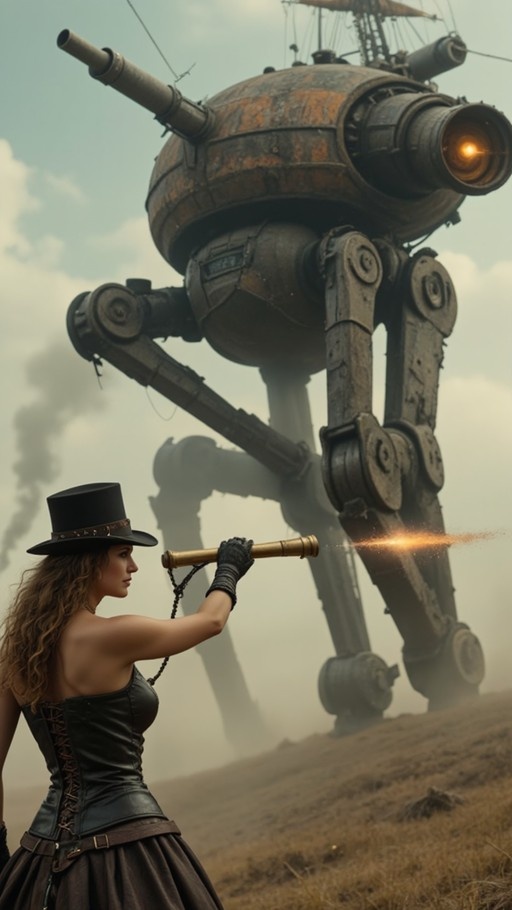 A steampunk woman wearing a top hat and corset looks through a brass spyglass while a massive rusty mechanical walker stands behind her.
