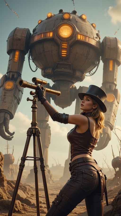 A blonde woman wearing a black top hat and leather clothing looks through a brass telescope on a tripod, with a large spherical robot standing behind her in a desert setting.