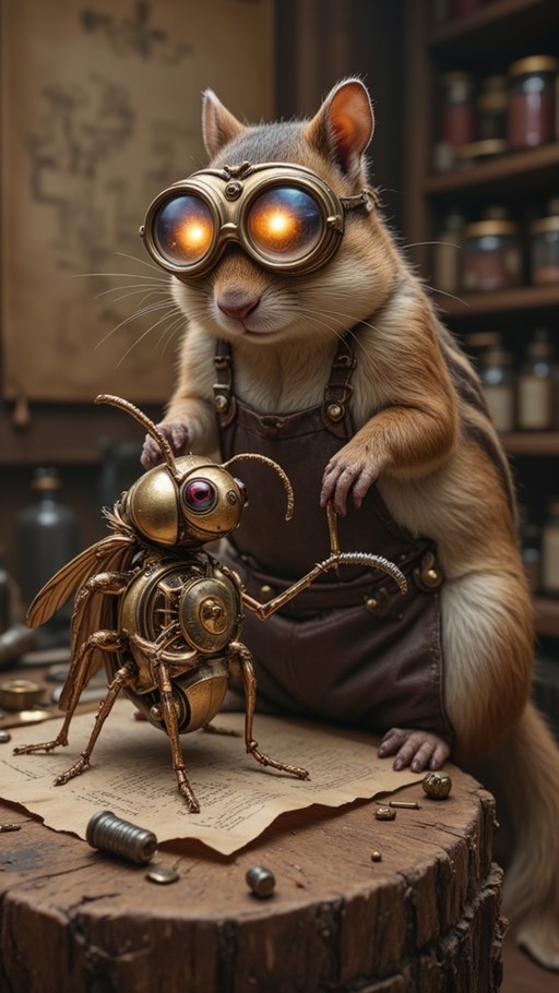 A steampunk mouse wearing large brass goggles and brown overalls stands behind a wooden stump, examining a detailed golden mechanical insect with purple eyes.