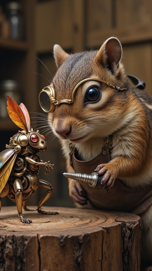 A chipmunk wearing gold-rimmed goggles and a leather apron holds a screw while looking at a small golden mechanical insect standing on a tree stump.