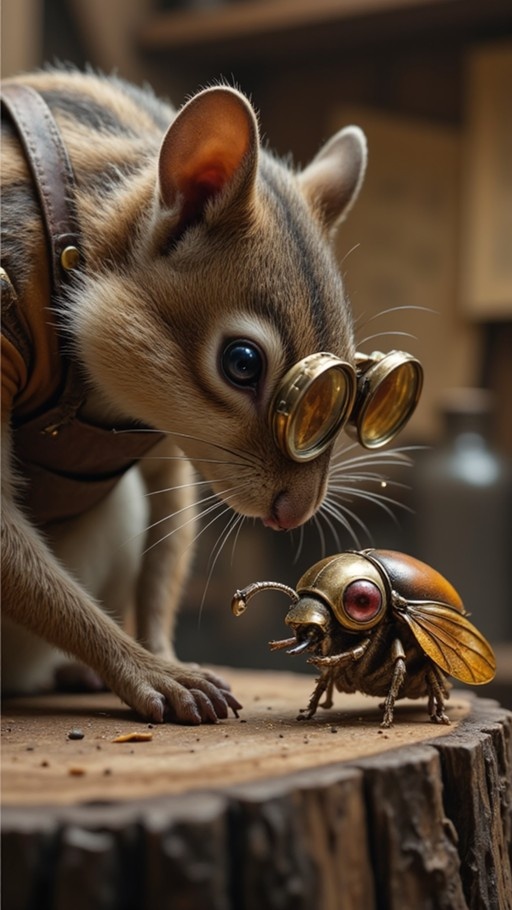 A chipmunk wearing brass goggles and a leather harness leans down to look at a mechanical beetle on a wooden surface.