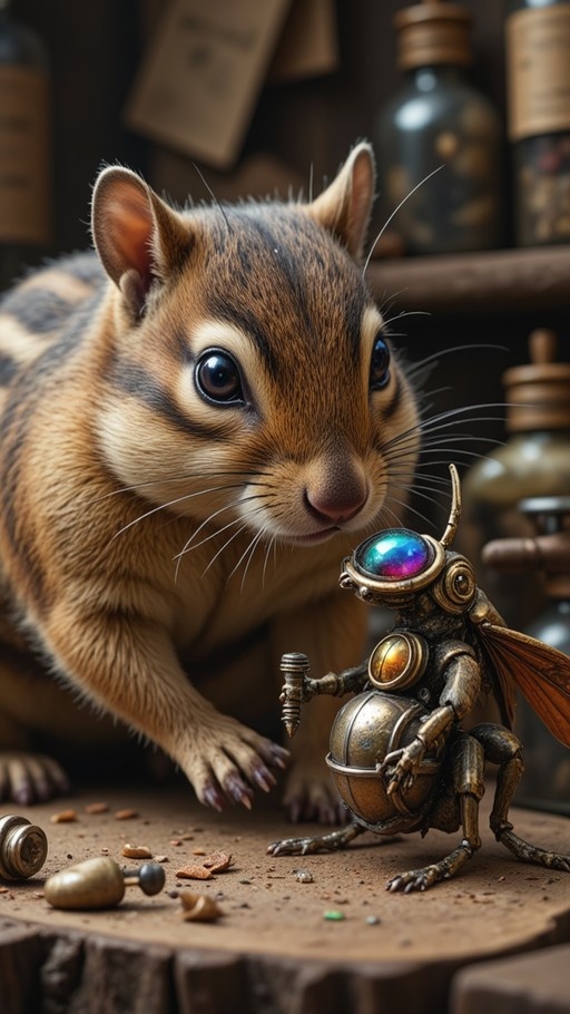 A close-up of a brown and black striped chipmunk looking at a small golden robot insect with a glowing blue eye on a wooden table.