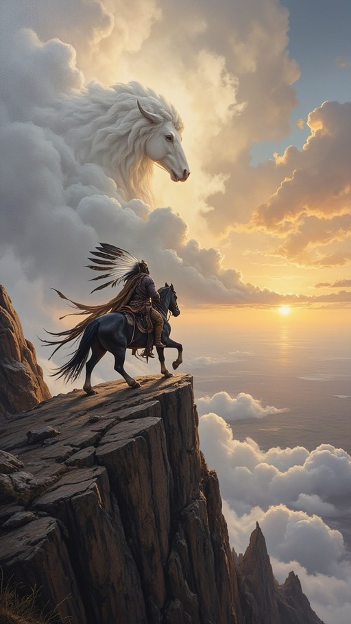 A fantasy illustration of a rider in a feathered headdress on a dark horse standing on a cliff edge, looking up at a giant white unicorn head formed by clouds against a sunset sky.