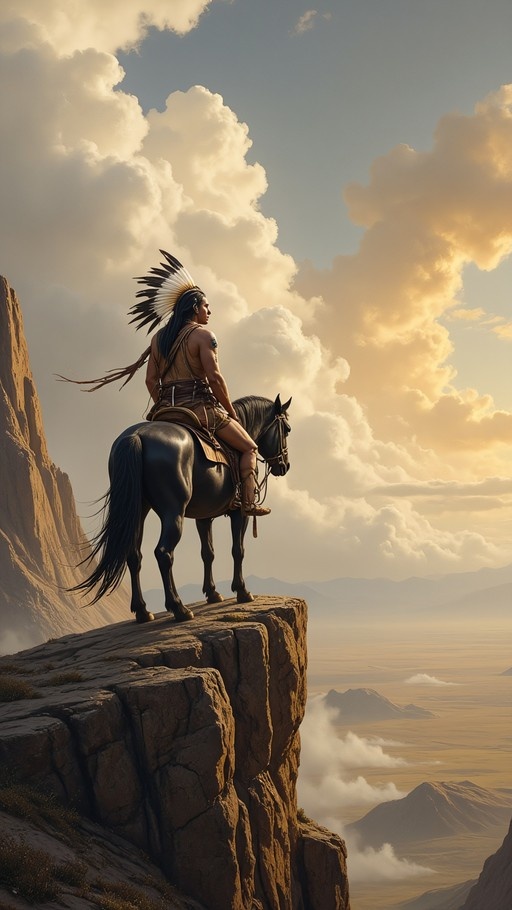 A Native American man in a feathered headdress rides a black horse along the edge of a high cliff overlooking a vast mountain valley under a cloudy sky.