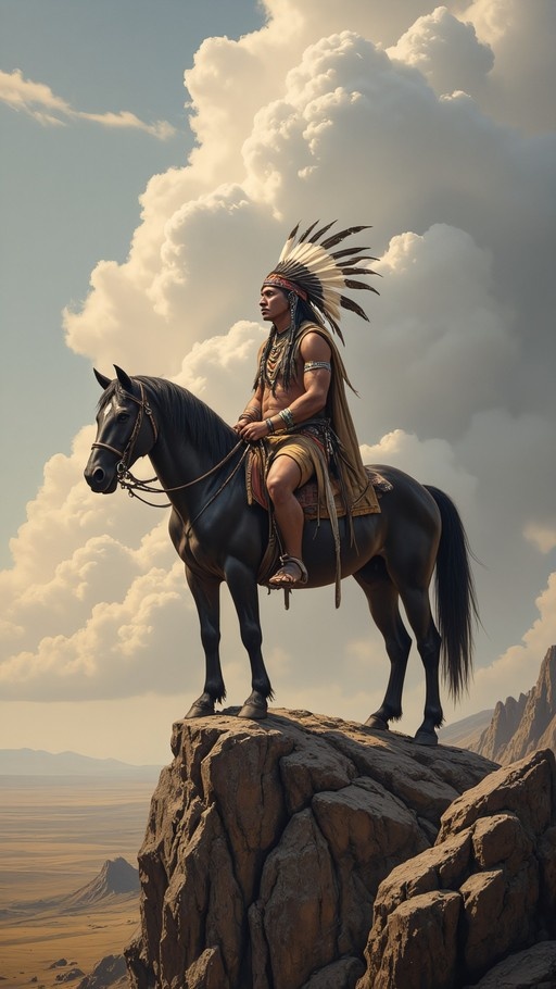 A Native American warrior wearing a large feathered headdress sits atop a black horse, standing on the edge of a steep rocky cliff against a backdrop of clouds and a distant desert landscape.