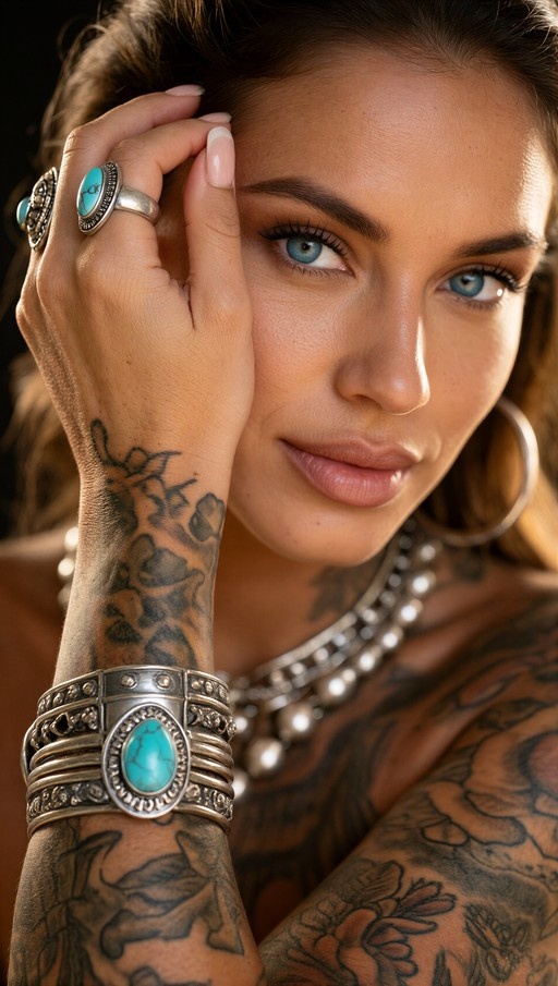 Realistic close-up portrait of a tattooed woman with blue eyes wearing large silver turquoise rings and bracelets while touching her face.