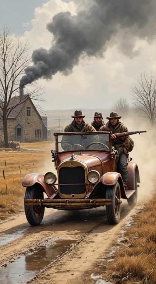 Three men in hats driving a vintage car on a muddy road with smoke rising from a house.