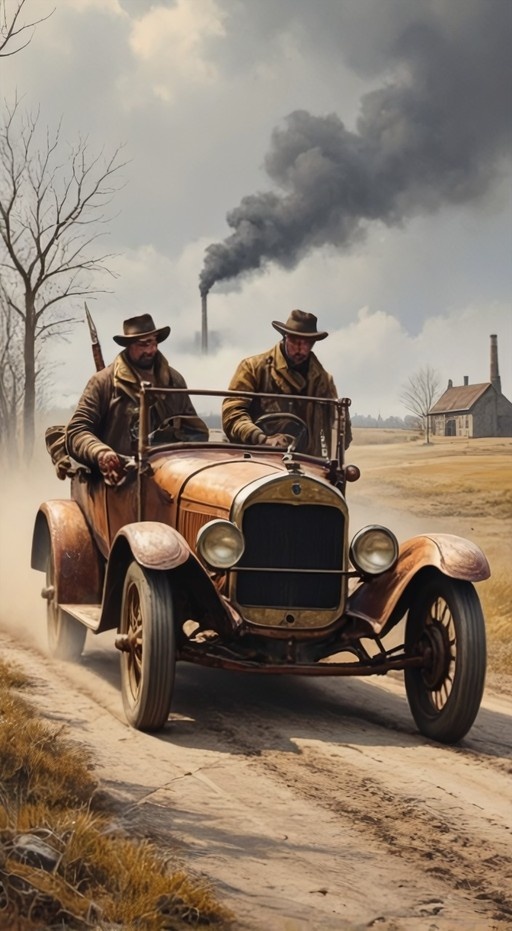 Two men wearing cowboy hats and coats driving a vintage car on a dirt road with factory smokestacks in the background.