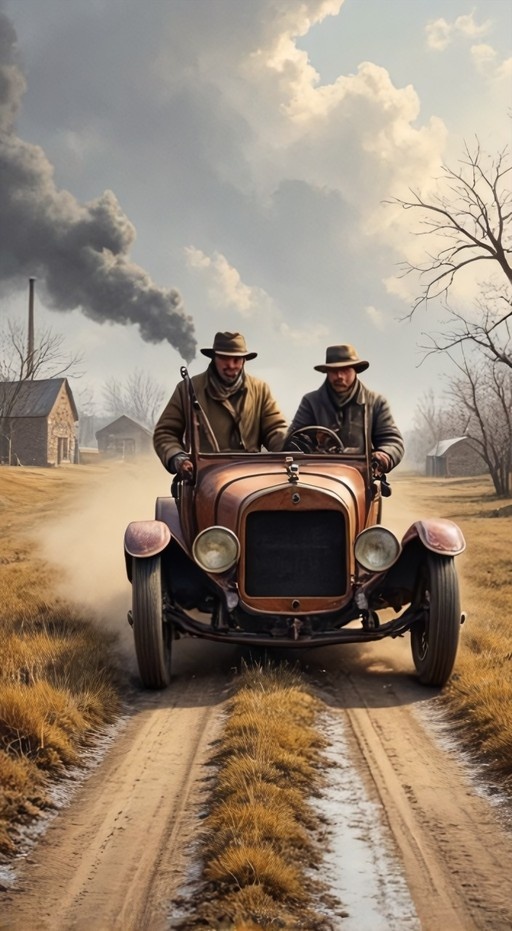 Two men in hats drive a brown vintage car on a dirt road with one holding a gun.