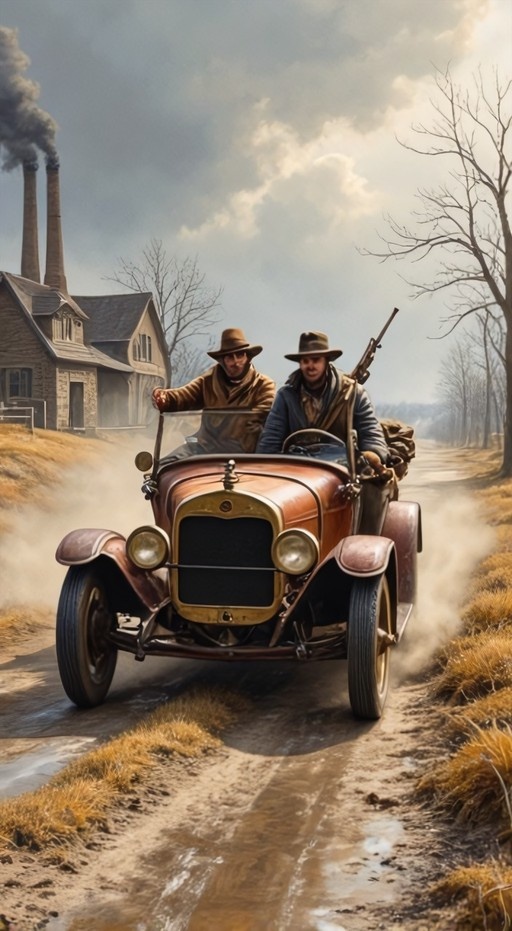 Two men in hats and coats drive a brown vintage car down a muddy dirt road, one holding a rifle, with bare trees and a house with smokestacks in the background.